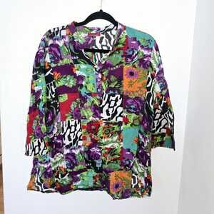 Vintage 90's Womens Button Up Shirt Size XL Abstract Print Short Sleeve Colorful